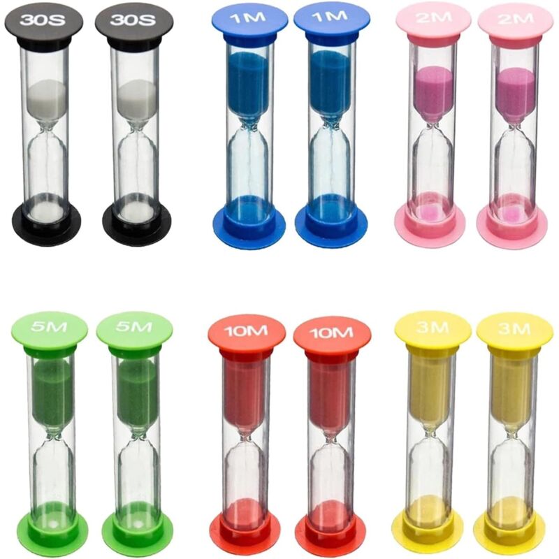 Set mit 12 bunten Sanduhren für Kinder, Kinder-Zähneputz-Sanduhr, Kinder-Sanduhr, Sanduhr, 30 Sekunden/1 Minute, 2 Minuten, 3 Minuten, 5 Minuten, 10