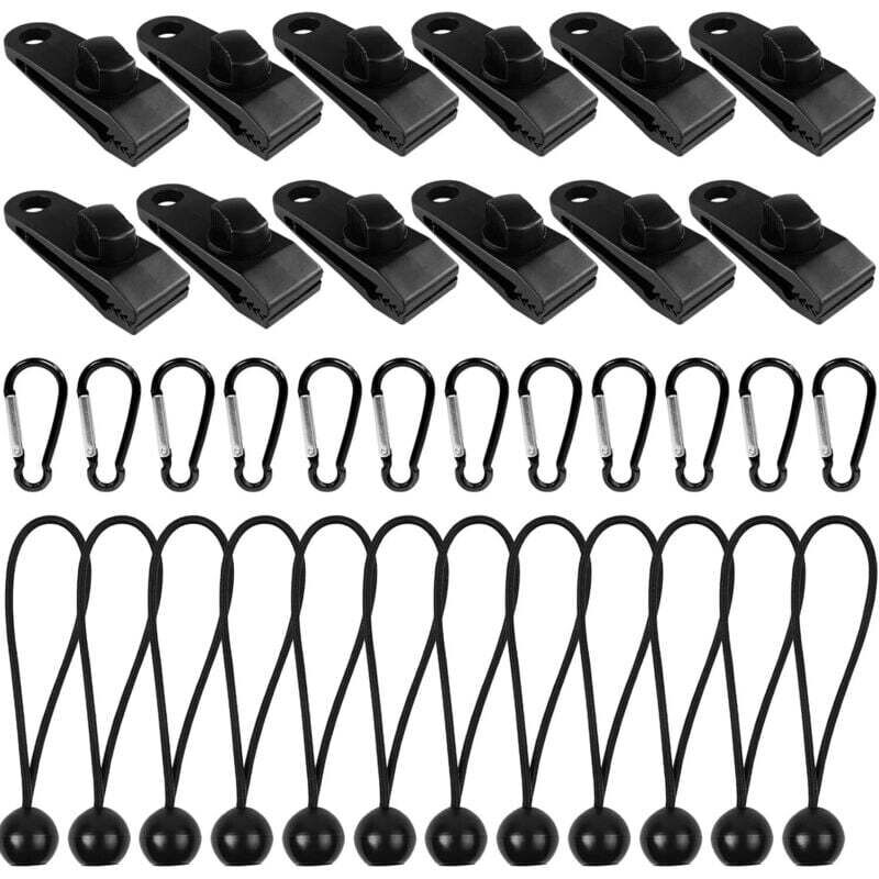 Set mit 12 Planenclips, Outdoor-Planenhalterung mit Segeltuchbefestigung und Gummiseil + D-förmiger Karabiner für Planen, Markisen, Camping,