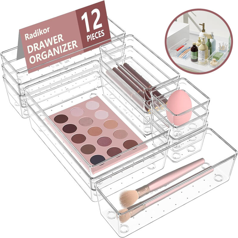 Set mit 12 Schubladen-Organizern, transparente Kunststoff-Aufbewahrungsboxen, Kosmetik-Organizer, Aufbewahrungsboxen in 4 Größen für Badezimmer,