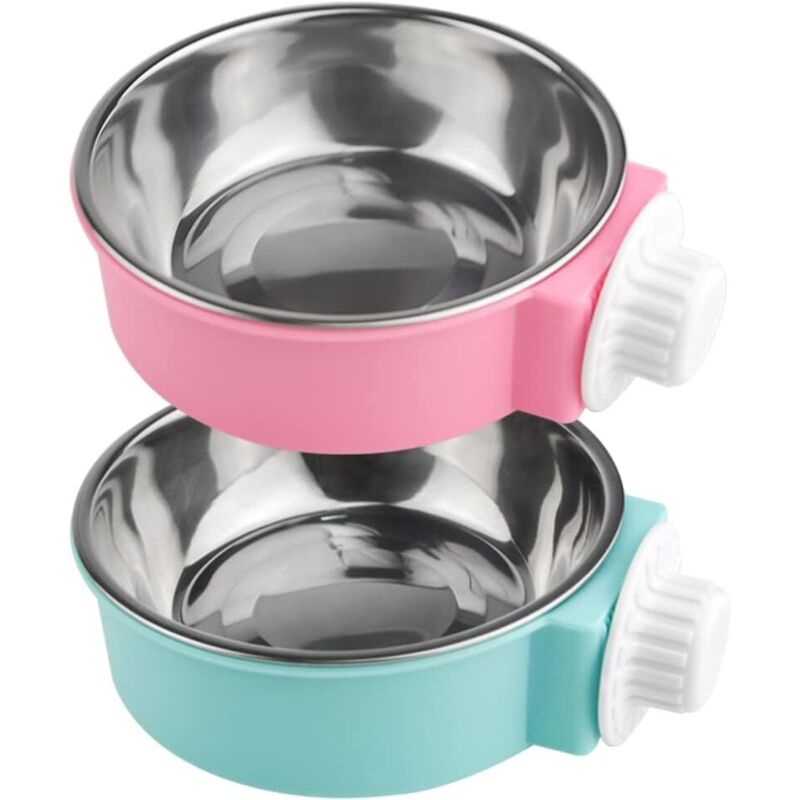 Set mit 2 abnehmbaren Futter- und Wassernäpfen aus Edelstahl, ideal für Katzen, Welpen, Vögel, Ratten und Frettchen (Rosa und Blau)