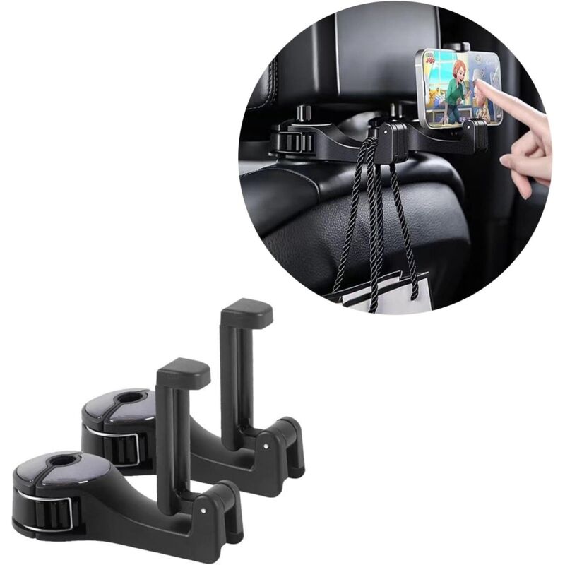Set mit 2 Auto-Kopfstützenhaken mit Handyhalterung, 360° drehbarer Haken hinten zum Aufhängen von Taschen, Geldbörsen, Taschentüchern, Essen und auf