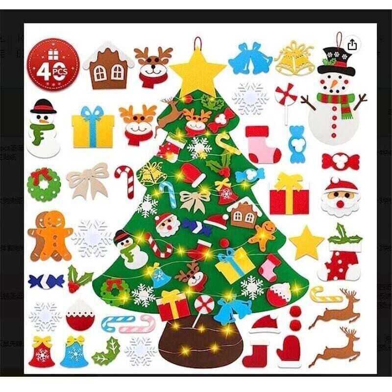 110 cm hoher Montessori-Weihnachtsbaum aus Filz mit LED-Beleuchtung, Adventskalender mit 40 abnehmbaren Ornamenten und Schneemann