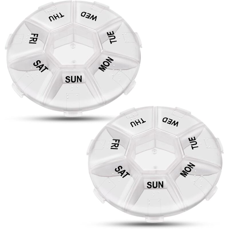 Set mit 2 persönlichen Pillenboxen mit einzelnen Fächern, klein, mit Tages- und 7-Tage-Etiketten, Wochenplaner, Mini-Pillendose