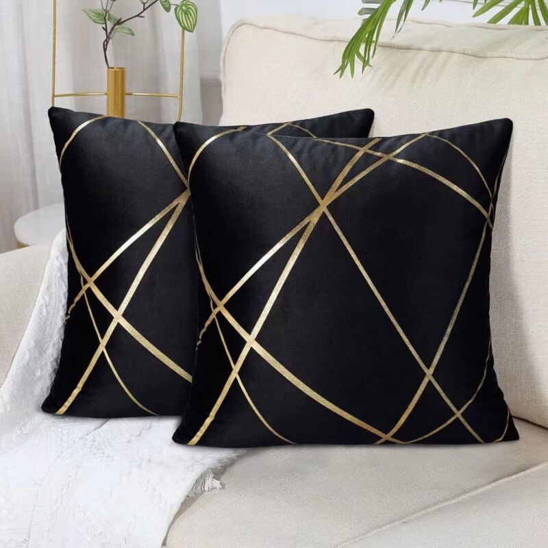 2er-Set, schwarzes Sofa (ohne Kissen), Samt-Kissenbezug, 45 x 45 cm, Wurfkissen, dekorative Kissenbezüge, goldene Linien, geometrische Kissen,