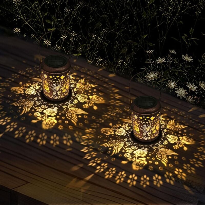 Set mit 2 Solar-Gartenlaternen, Tischlampen aus Metall mit Kolibri-Motiv, bronzefarbene Außendekoration, ideales Geschenk für Frauen, Hängeleuchten