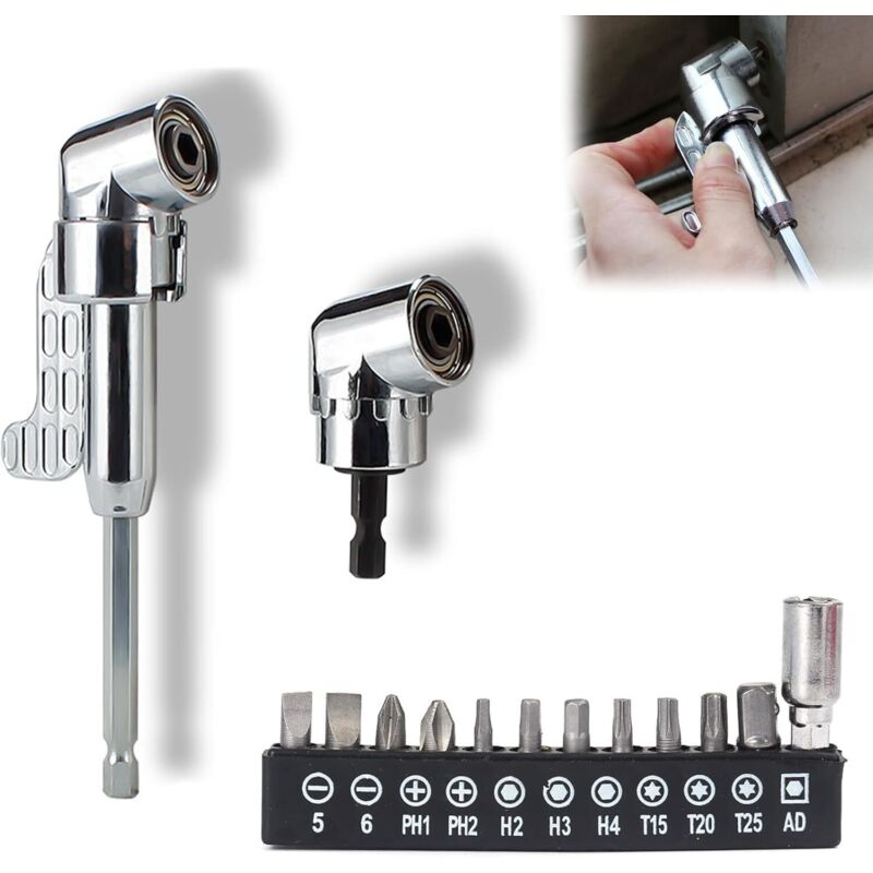 Set mit 2 Winkel-Schraubendreherbits (lang + kurz) 2024 für Akkuschrauber mit multifunktionalem gebogenem Schraubendreherbit, Winkelbohrer für Garage