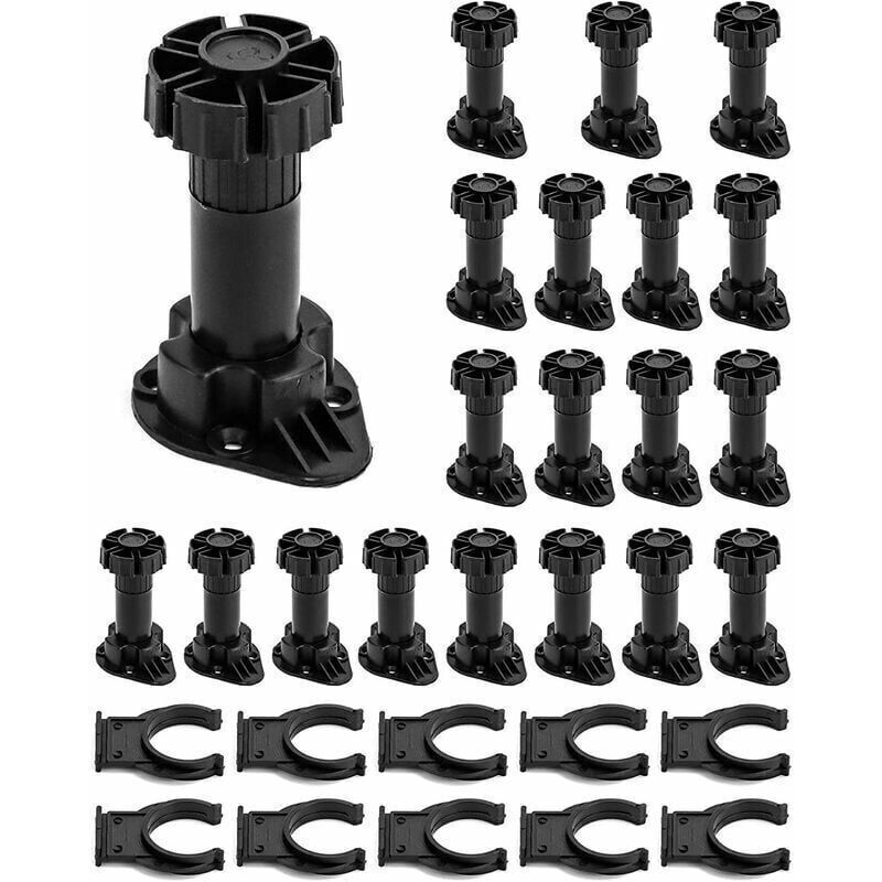 20er Set Höhenverstellbare Möbelfüße 100-120 mm, Schwarze Kunststofffüße mit 10 Clips für Sockel, geeignet für Tische, Schränke, Küchenmöbel und Sofas