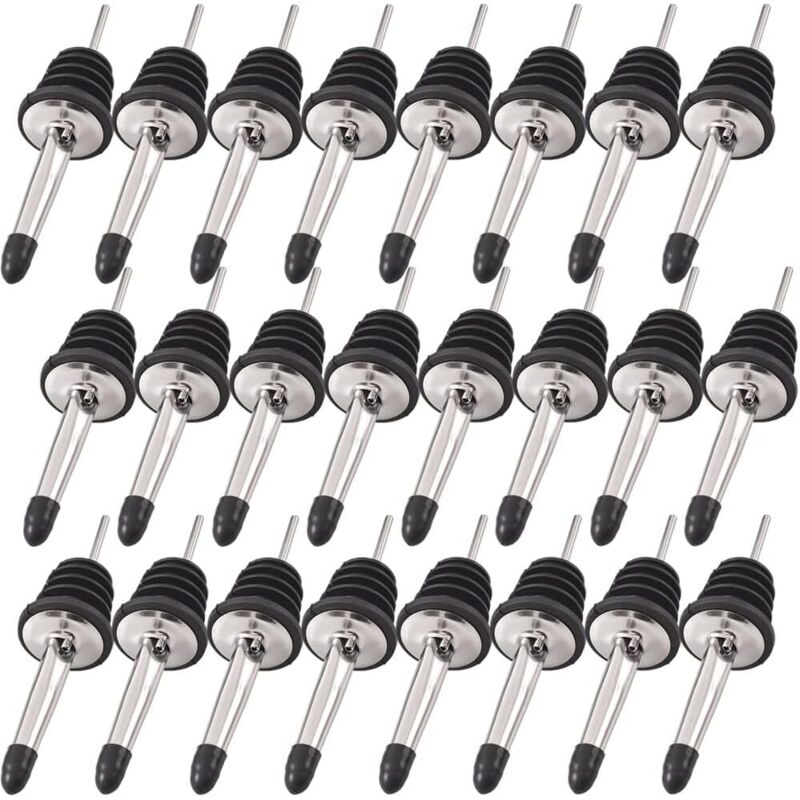 Set mit 24 Ausgießern aus Edelstahl mit klassischem konischem Ausguss und Gummistopfen, geeignet zum Ausgießen von Alkohol, Essig, Sirup oder Olivenöl