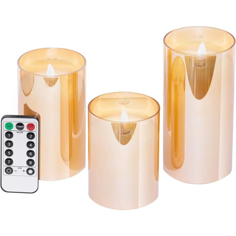 Set mit 3 flammenlosen LED-Kerzen, batteriebetriebene Kerzen, Stumpenkerzen, batteriebetriebene Kerzen mit Fernbedienung und Timer, elektrische