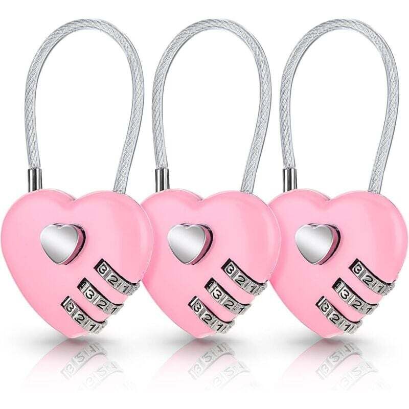 Set mit 3 rosa herzförmigen Zahlenschlössern für Koffer, hübsche herzförmige Zahlenschlösser, kleine wasserdichte Schlösser für Reisetaschen und