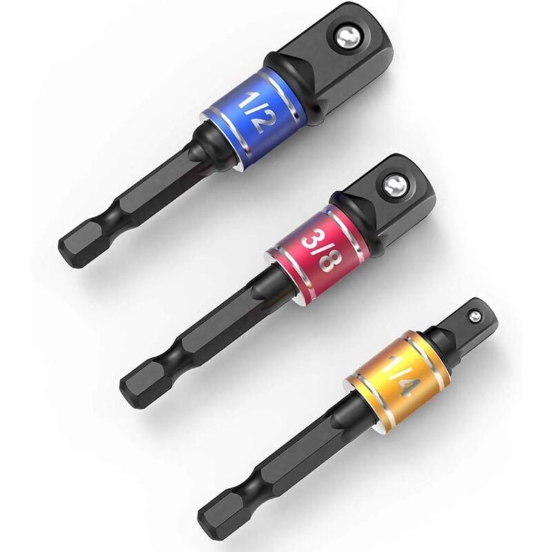 Set mit 3 Sechskant-Adaptern auf 1/4', 1/2', 3/8' Vierkant, schwarz, für Akkuschrauber.