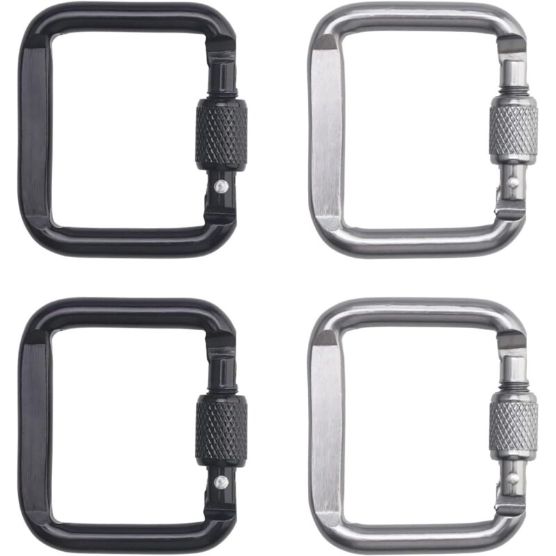 Set mit 4 Aluminium-Karabinern mit Schraubkappen zum Klettern, Campen, Wandern, Reisen, Angeln und für Rucksäcke (silber, schwarz)