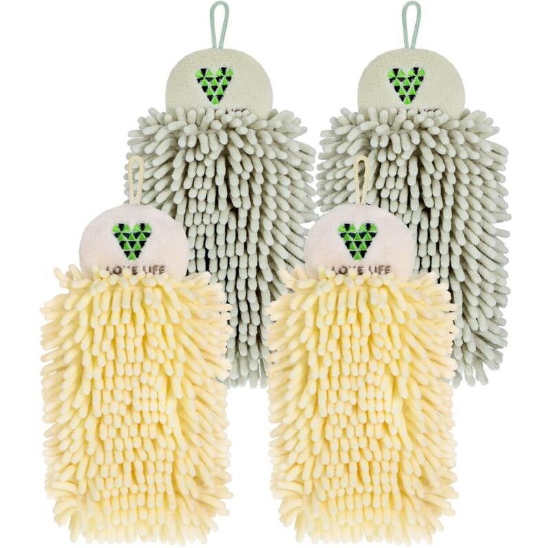 Set mit 4 hängenden Chenille-Handtüchern mit Bommeln, Chenille-Handtücher fürs Badezimmer, Handtücher mit Bommeln, beige und hellgrün