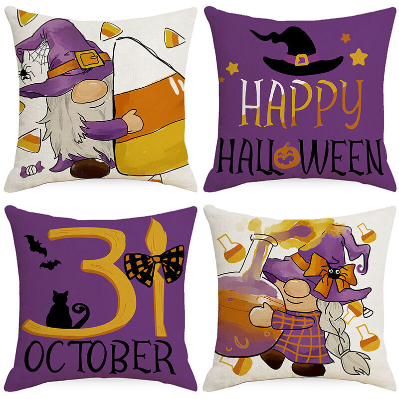 Set mit 4 Kissenbezügen mit Halloween-Hexenmotiv, Halloween-Sofakissen für das Wohnzimmer (45x45 cm)