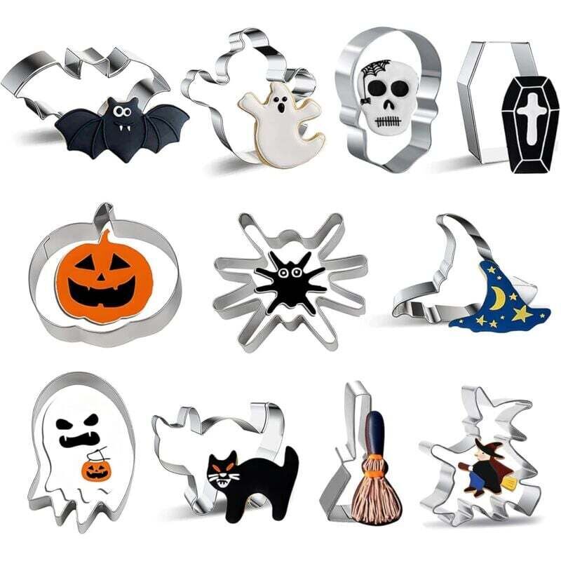 11 Stück Halloween-Ausstechformen, Halloween-Keksform aus Edelstahl, Geist, Fledermaus, Kürbis, Spinne und Hexenhut, 11 Formen