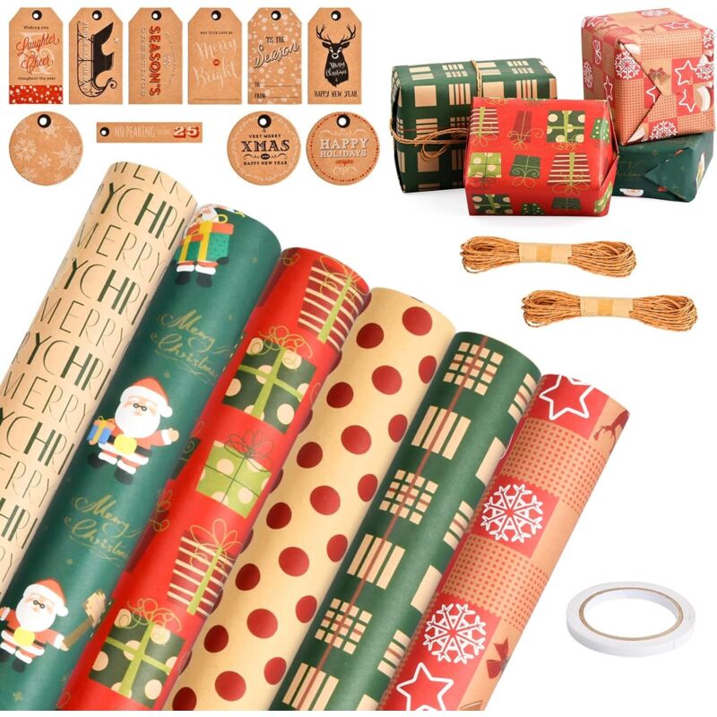 Set mit 6 Blatt Weihnachtsgeschenkpapier, 50 x 70 cm, recyceltes Kraftpapier, Weihnachtsgeschenkpapier, Geschenkpapier für Juteschnüre und Anhänger