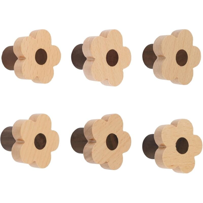 Set mit 6 blumenförmigen Knöpfen aus Buchenholz mit Schrauben und Verlängerungsrohr, Set mit 6 blumenförmigen Knöpfen aus Buchenholz mit Schrauben