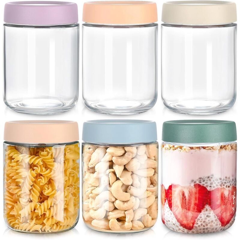 Set mit 6 Haferflockengläsern mit Deckel, luftdichte Glasbehälter, Weithalsgläser, 500 ml, Aufbewahrungsgläser für Essensreste, Snacks, Joghurt,