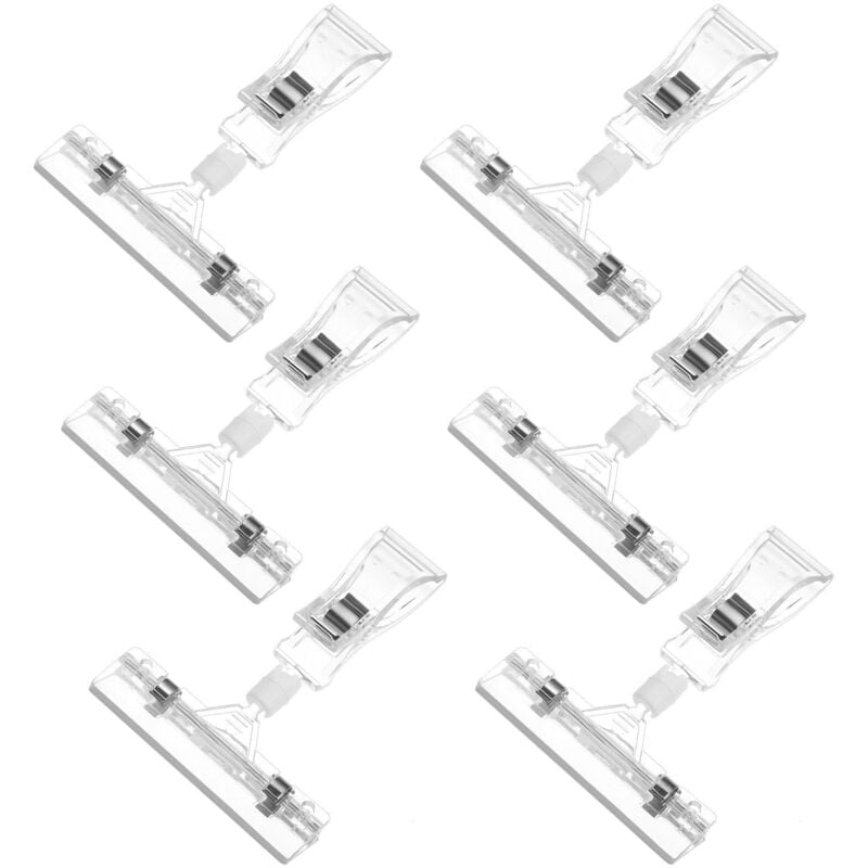 Set mit 6 Mini-Etikettenhaltern aus Kunststoff mit Doppelclip und Drehverschluss, ideal für Visitenkarten und Bürobedarf.