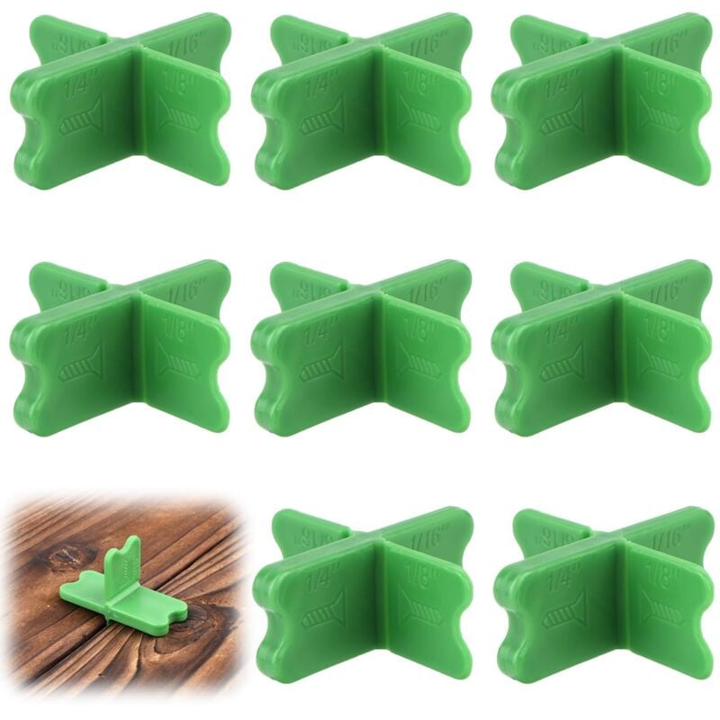 Set mit 8 Abstandshaltern für Terrassendielen in 4 verschiedenen Stärken, hergestellt aus mehrteiligen ABS-Kunststoffen, robustes