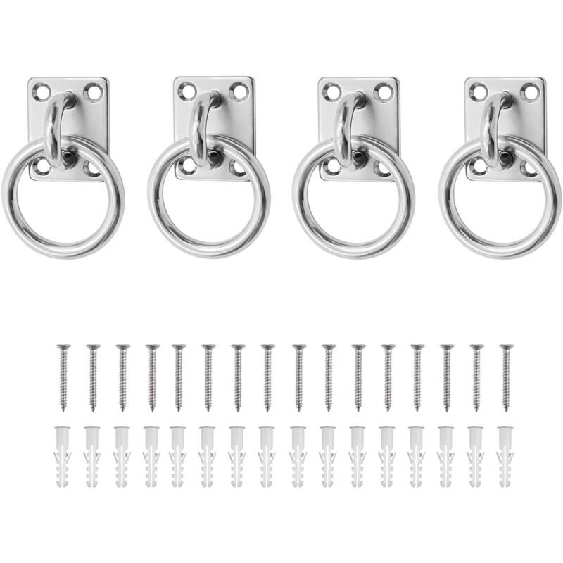 Set mit 8 Edelstahl-M5-Deckenmontageplatten mit Öse und 5-mm-Vierkantring, für Pferde, Sonnensegel, Schaukeln - mit Schrauben und Dübeln