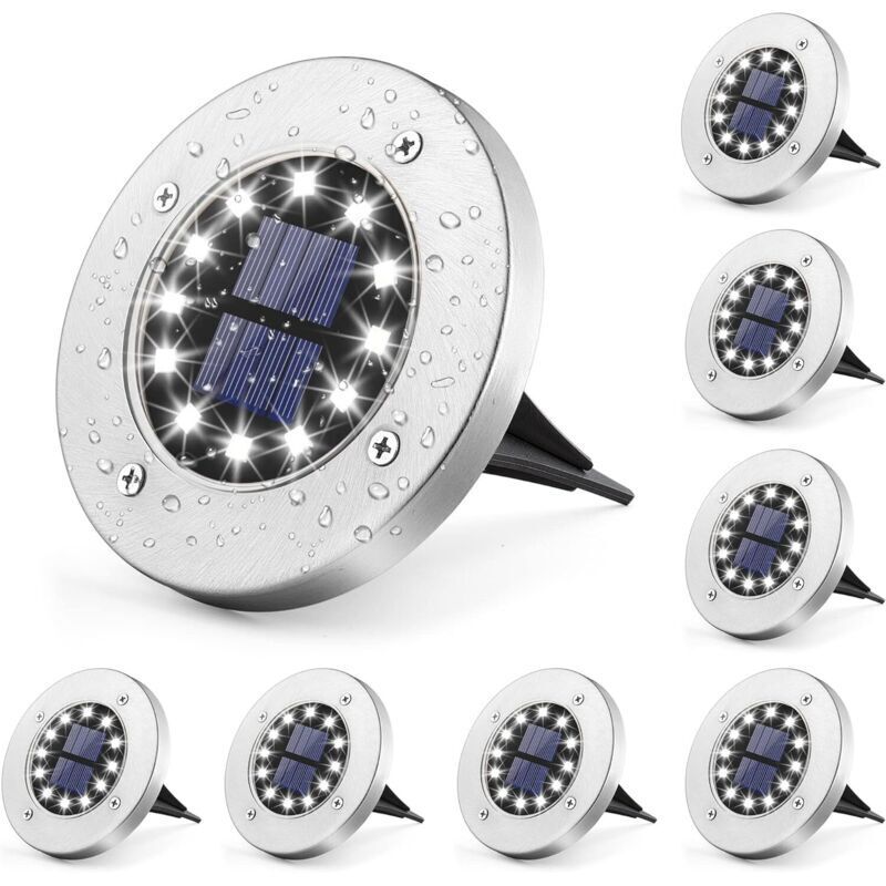 Set mit 8 Solar-Bodenleuchten für den Garten, 12 LEDs, weiß, Edelstahl, wasserdicht, für den Außenbereich, Garten, Terrasse, Rasen, Hof, Einfahrt