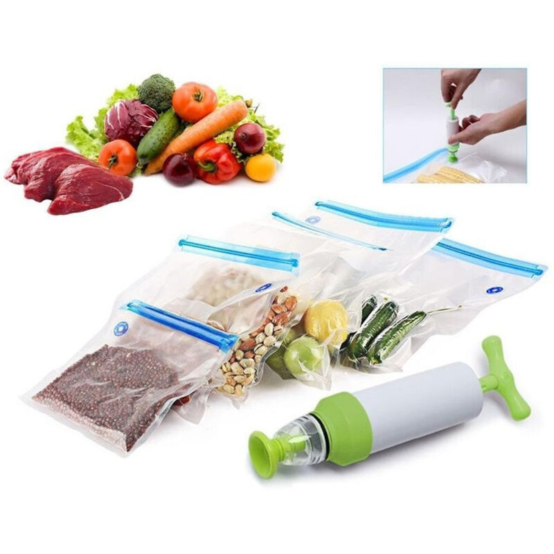 Trade Shop Traesio - Trade Shop - set vakuum-zip-beutel mit handpumpe 2 clips zum verschliessen der beutel verschliessen -