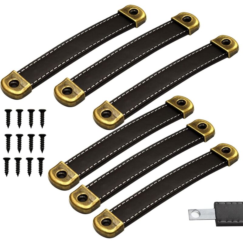 SHINING HOUSE 6 Stück Ledergriff, Schubladengriffe aus Leder, Möbelgriffe aus Leder, schwarzer Küchenmöbelgriff, Möbeltürgriff, Mittenabstand 128 mm