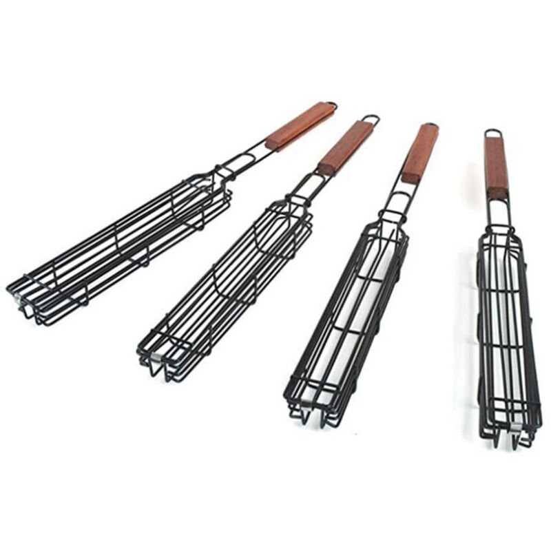 BBQ-Grillkorb-Set, 4 Stück, mit verriegelbarem Grill, langer Holzgriff, antihaftbeschichtete Edelstahl-Grillkörbe zum Grillen von Fisch, Gemüse,