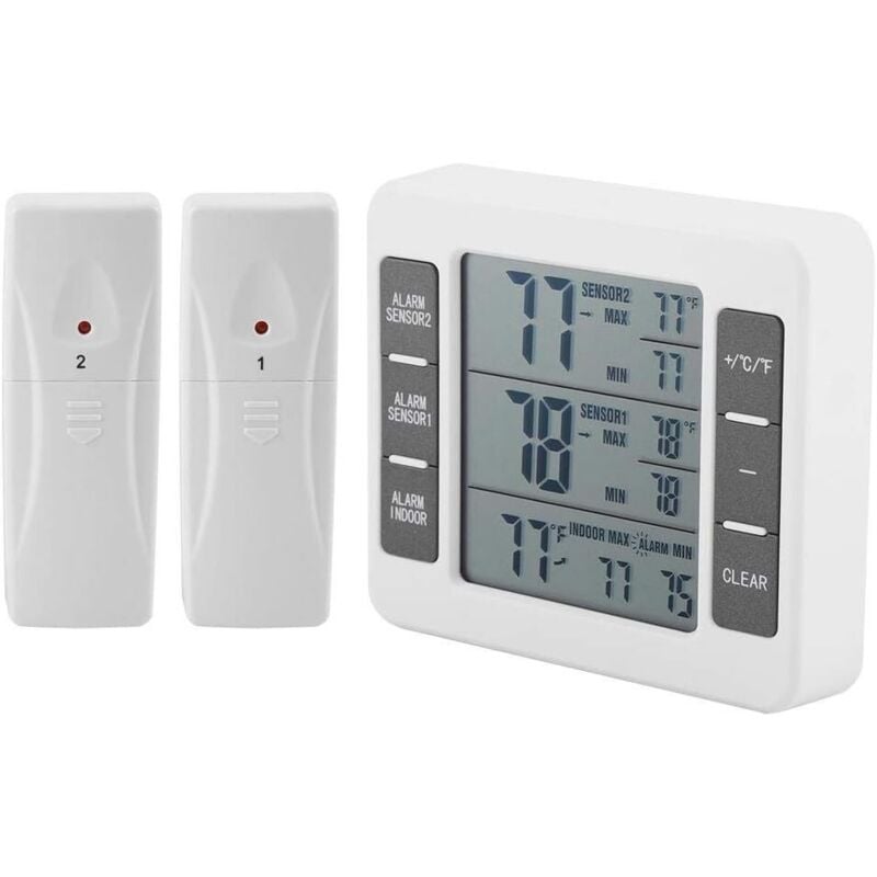Kühlschrank-Thermometer, kabellose Digitalanzeige, Gefrierschrank-Temperaturüberwachung, Kühlschrank-Thermometer mit 2 Sensoren und Min/Max-Alarm