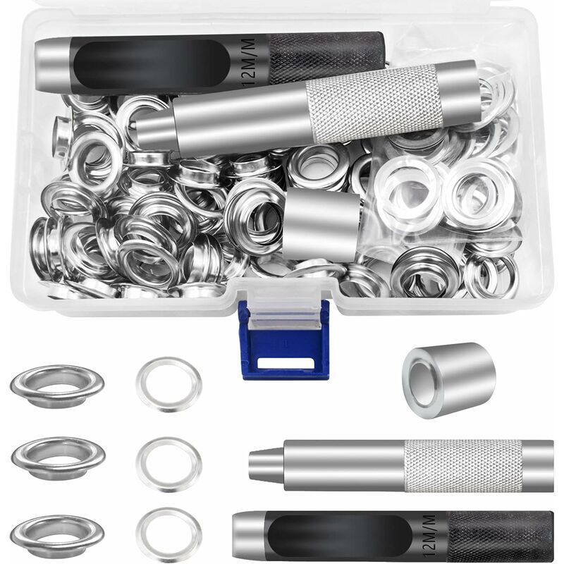 Shining House - sen-Set, Werkzeuge, 12 mm Metall-Ösen-Sets, 100 Set Ösen-Set, Ösen-Set für die Reparatur von Segeltuchplanen, Zelten, Silber (1/2