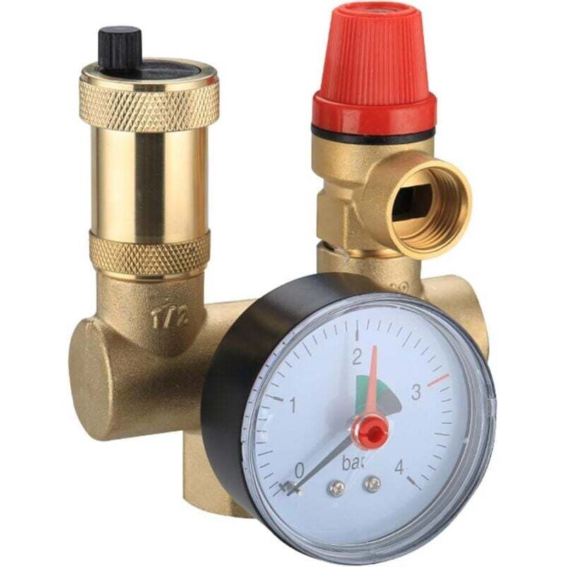Sicherheitsset für Warmwasserspeicher, 1' und 3/4' 6 bar Gewindeanschluss, mit Rückschlagventil, Ablassventil, Manometer, Zentralheizung,