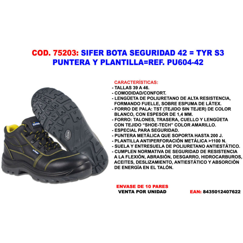 Sicherheitsstiefel sifer safety boot security 42 tyr S3 mit Zehenkappe und PU-Innensohle 604-42