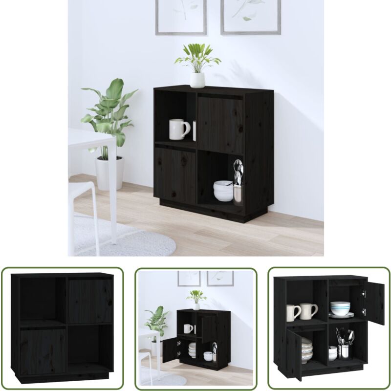The Living Store Sideboard Schwarz 74x35x80 cm Massivholz Kiefer - Massivholzmöbel - Schwarzes Sideboard - Kiefern Sideboard - Wohnzimmertisch - TV