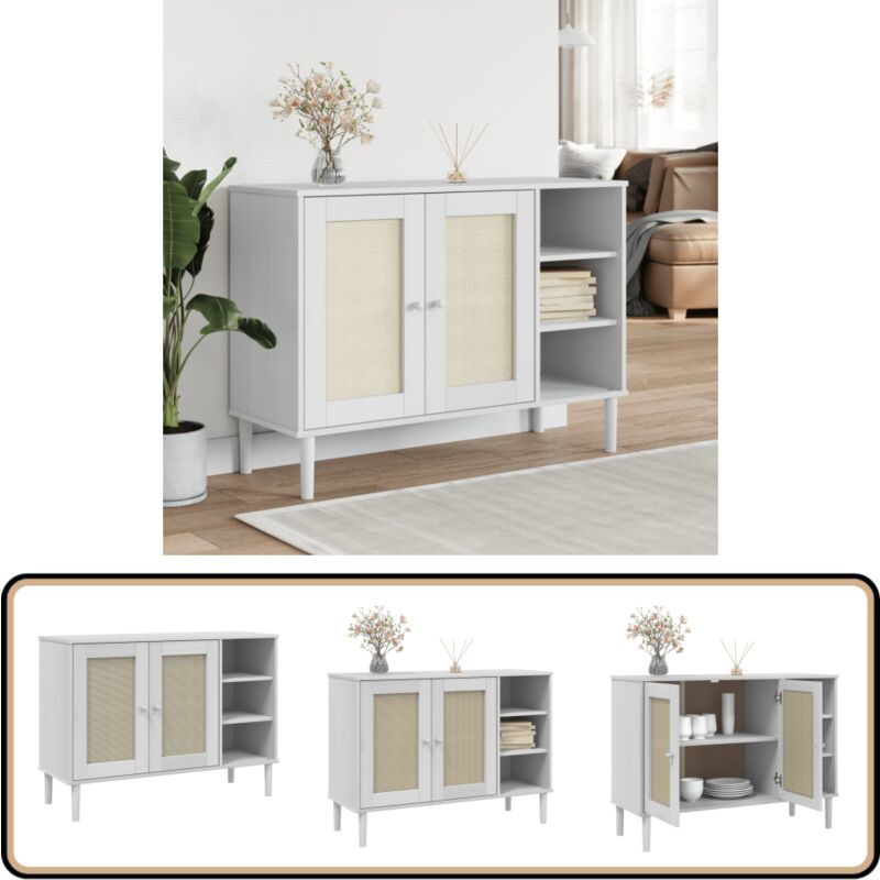 Sideboard senja Rattan-Optik Weiß 112x40x80 cm Kiefernholz - Schubladenkommode - Sideboard - Wohnzimmermöbel - Holzmöbel - Weißes Sideboard