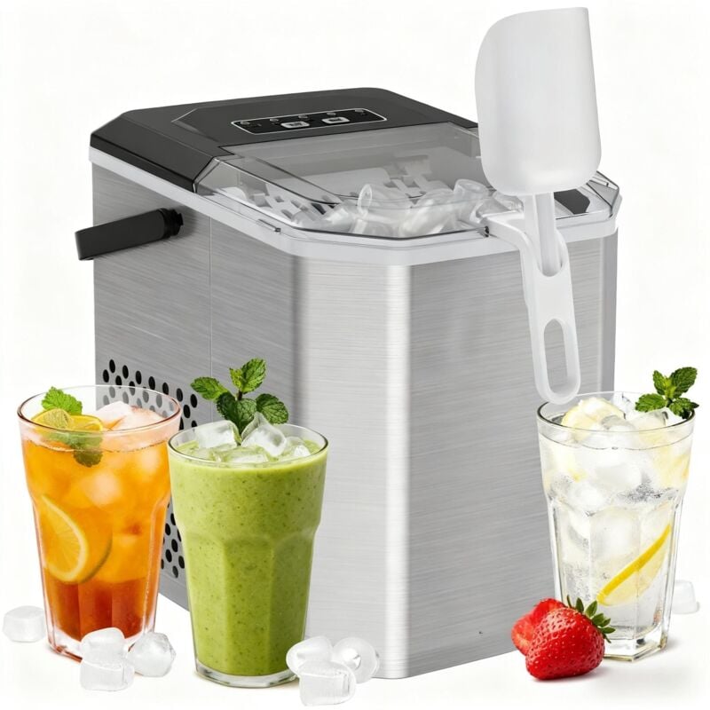 Silber Eiswürfelmaschine, Kleine Eiswürfelmaschine mit Tragegriff, Selbstreinigende Eiswürfel Maschine mit Korb und Schaufel, 9 Würfel in 6 Minuten,