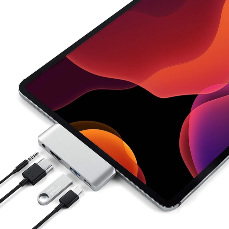 (Silber) Mobiler Hub-Adapter Typ C mit USB-C-Ladegerät, 4K HDMI, USB 3.0 und 3,5-mm-Buchsen – für iPad Pro M2/M1, iPad Air M1, iPad Mini und mehr