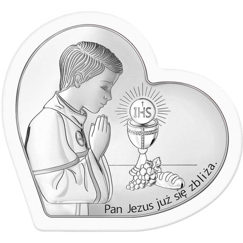 Silberbild mit Junge 'Herr Jesus kommt' weißer Rahmen + Gravur 6750S-OW 9,2 x 9 cm