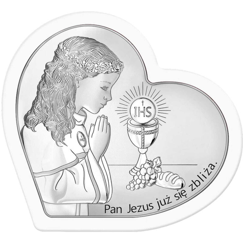 Silberbild mit Mädchen 'Herr Jesus kommt' weißer Rahmen + Gravur 6750S-AW 9,2 x 9 cm