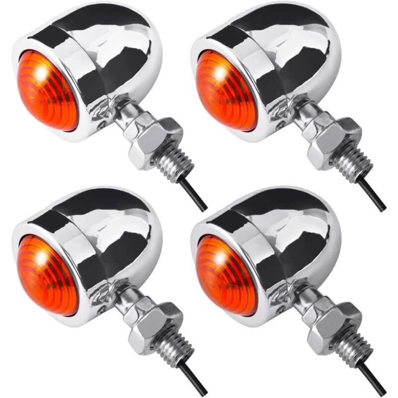 Silberne Moto Mini-Blinker vorne/hinten, Blinkerbirnen, bernsteinfarben/gelb, passend für Chopper Bobber Cafe Racer Motorrad (4 Stück)