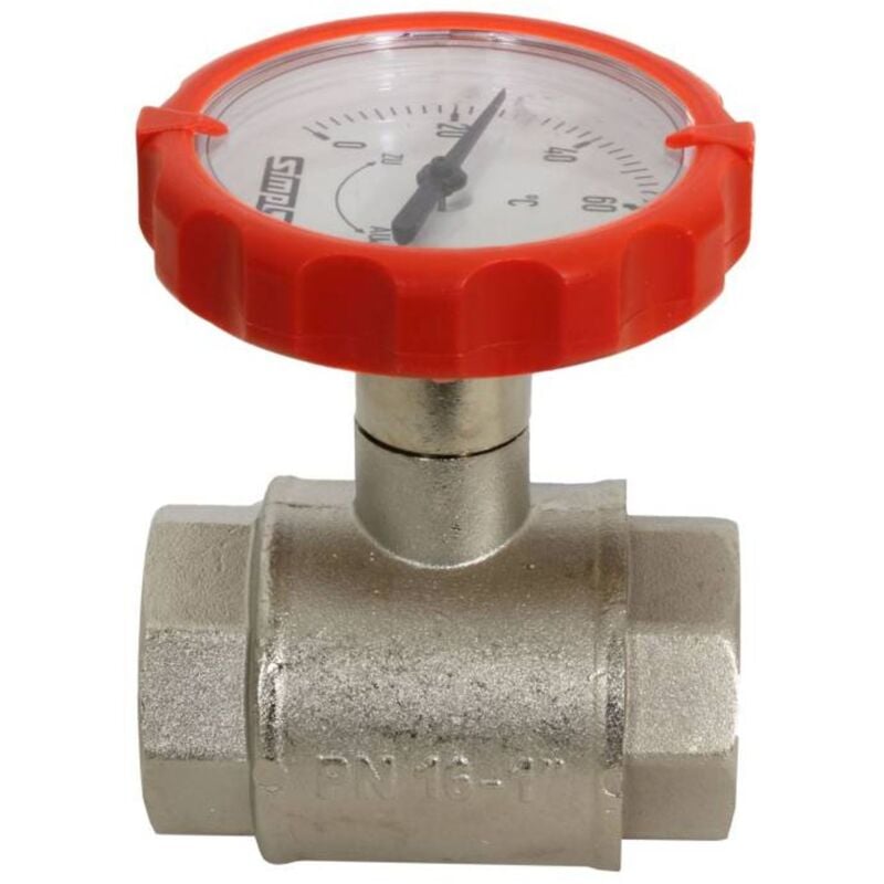 Simplex - Muffen-Kugelhahn pn 16, g 1 1/4 Zoll mit rundem Thermometergriff (rot, ø 63 mm)