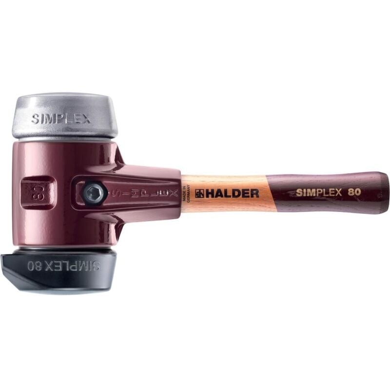 SIMPLEX-Schonhammer, Gummikomposition, mit Standfuß / Weichmetall mit Tempergussgehäuse und hochwertigem extra kurzen Holzstiel D=80 mm /