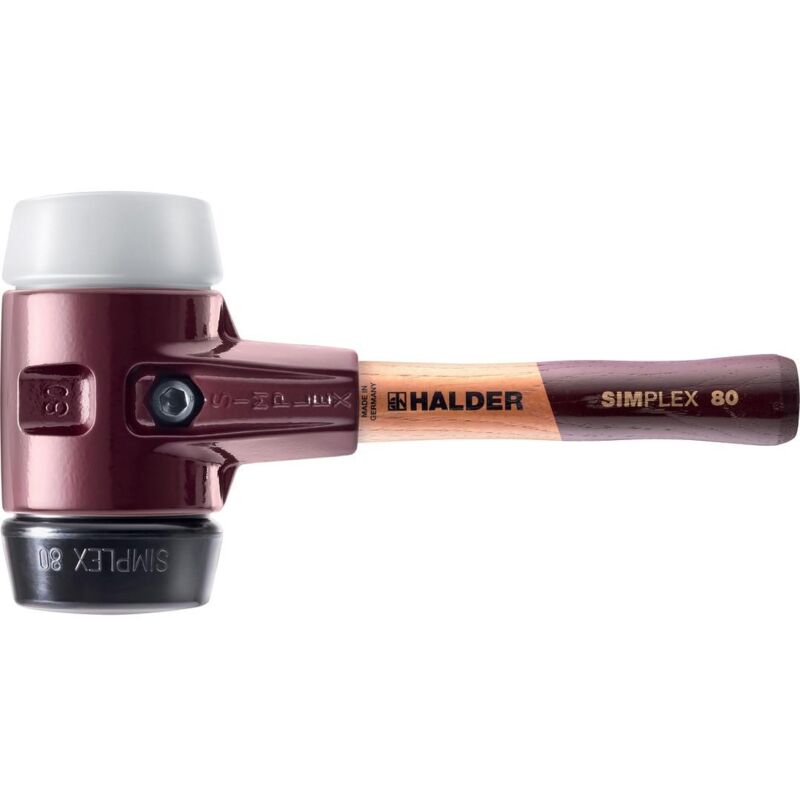 SIMPLEX-Schonhammer, Gummikomposition / Superplastik mit Tempergussgehäuse und hochwertigem extra kurzen Holzstiel D=80 mm / Stielausführung=extra