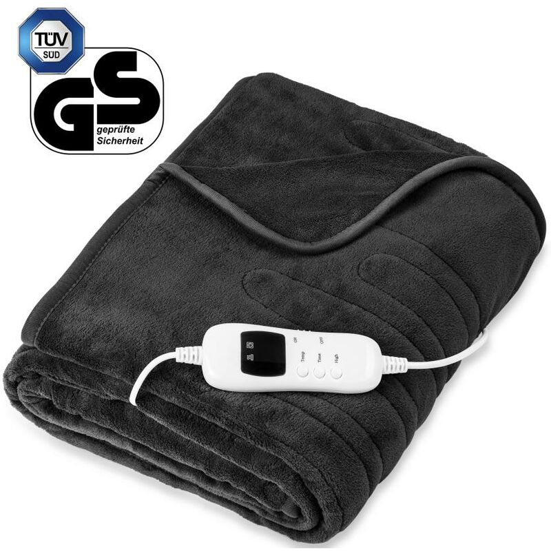 Heizdecke aus Plüsch 160 x 120 cm Anthrazit tüv süd Grau elektrische Wärmedecke mit Abschaltautomatik Kuscheldecke - Sinnlein