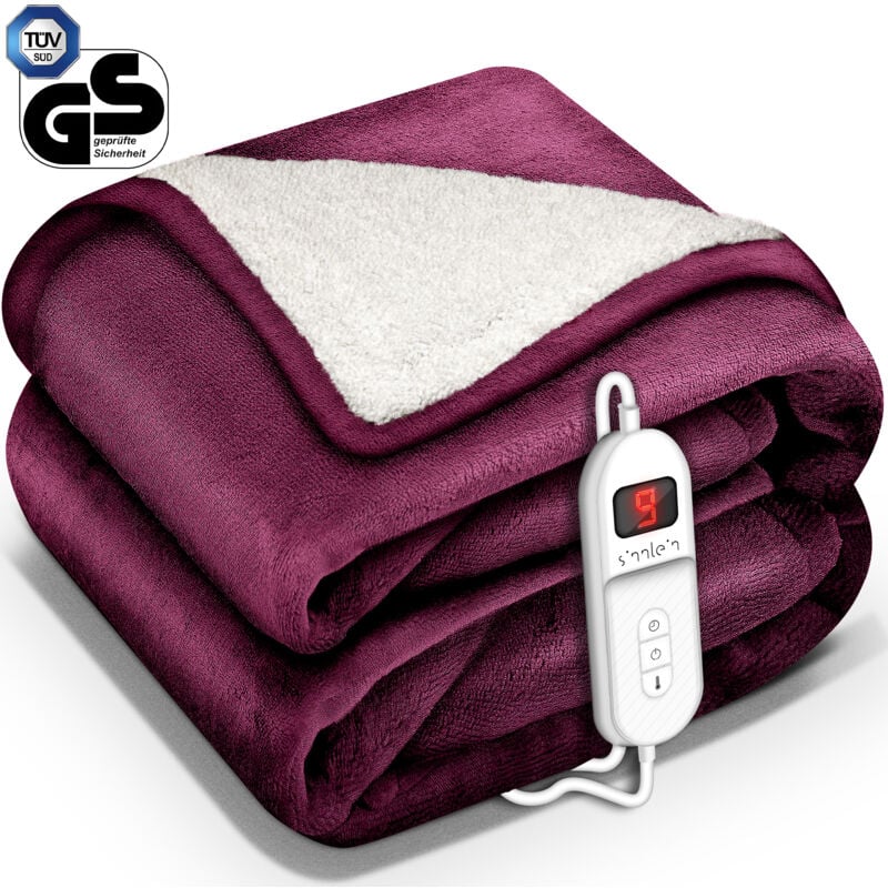 Heizdecke mit Abschaltautomatik 160x120cm Weinrot Elektrische Wärmedecke mit 9 Temperaturstufen Kuscheldecke waschbar Bett, Sofa Decke elektrisch mit