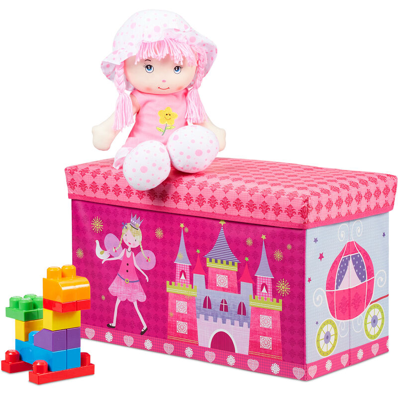 Relaxdays Sitzbox Kinder, faltbare Aufbewahrungsbox mit Stauraum, Deckel, Prinzessin & Fee, 50 Liter, platzsparend, pink