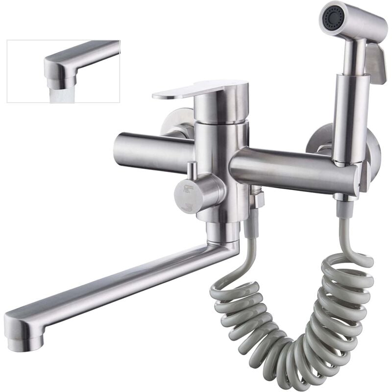 Wasserhahn Küche Wandmontage, Wandarmatur Küche mit Spritzpistole und 2 Wassersprüharten, 360° Drehbare Küchenarmatur Wandmontage(gebürstetes Nickel)