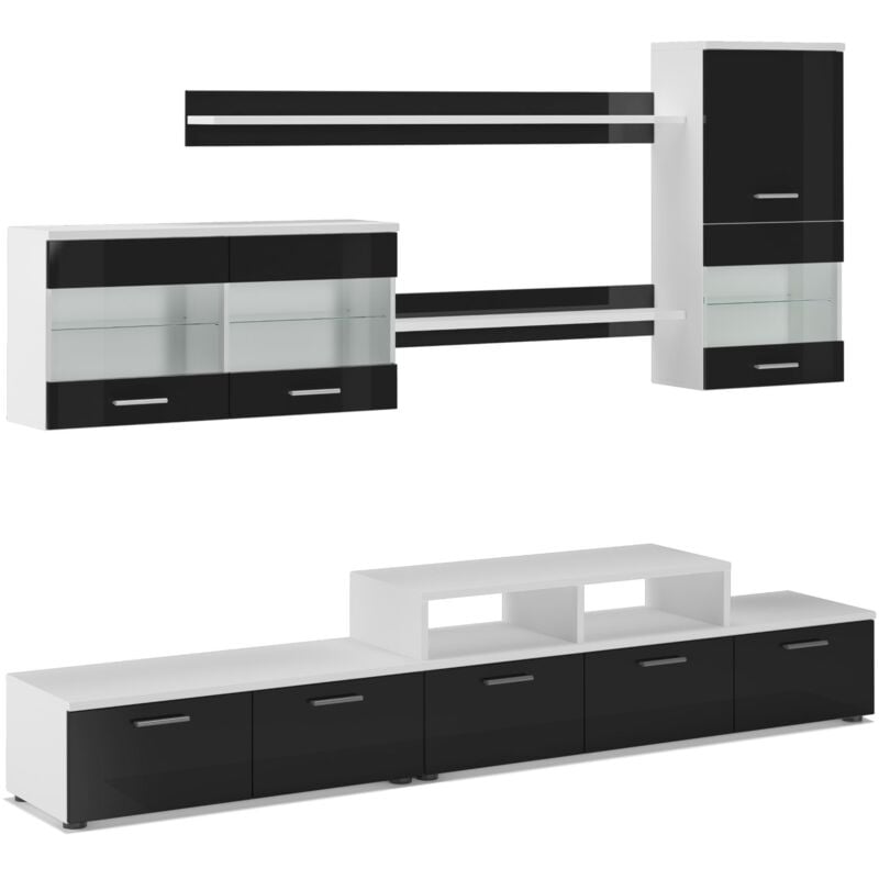 Skraut Home - Möbel TV - Möbel set- Glanzlack Wohnwand, Wohnzimmerschrank, Anbauwand, Esszimmer mit LEDs, weiß matt und schwarz lackiert, 250x194x42cm