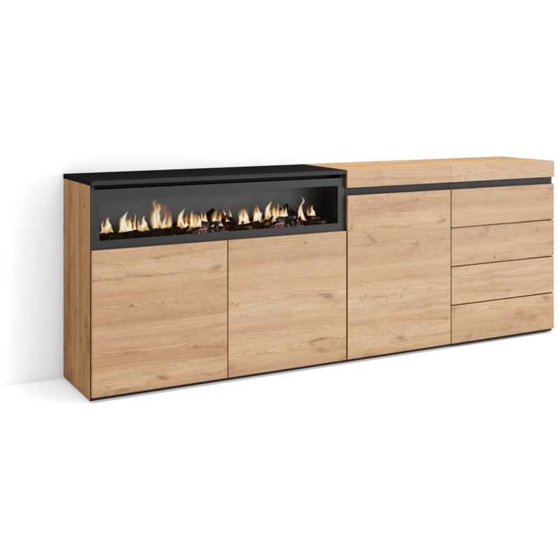 Sideboard, Kommode, Aufbewahrungsschrank, 207x75x35 cm, Für Schlafzimmer, Zimmer, Elektrokamin., Kommode mit Schubladen, Moderner Stil, Eiche