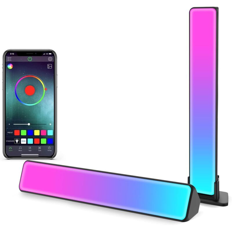 Smart LED Lampe, Lot de 2 RGB Smart Lampe Bureau avec 19 Effets D'éclairage et Musique, Gaming Lampe, Lumière D'ambiance, Smart Flow Light Bar pour